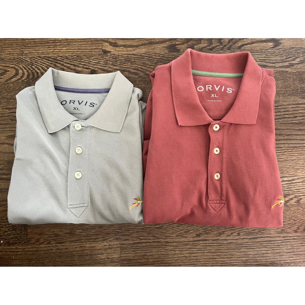 Lot of 2 Orvis Mens XL Short Sleeve Polo Shirts Green/Gray Red Cotton Fly Logo